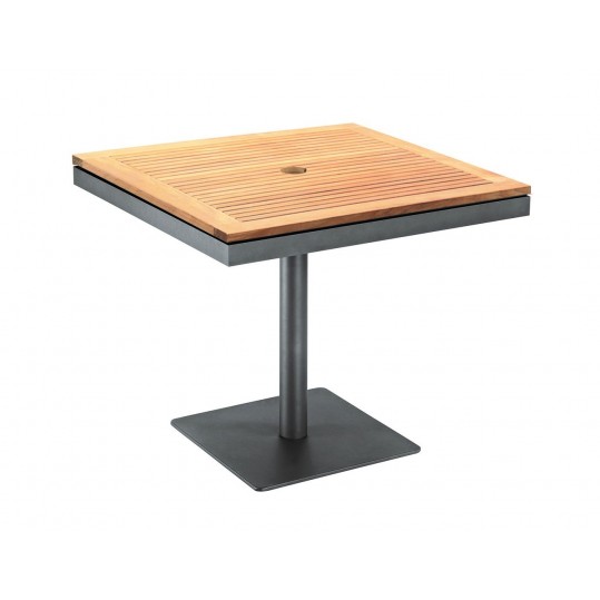Azore 34" Square Pedestal Dining Table - Teak Top w/ Parasol Hole - Meteor