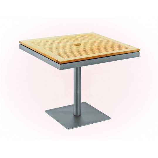 Azore 34" Square Pedestal Dining Table - Teak Top w/ Parasol Hole - Tungsten