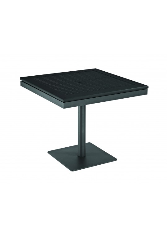 Azore 34" Square Pedestal Dining Table - Black Aluminum Top w/ Parasol Hole - Meteor